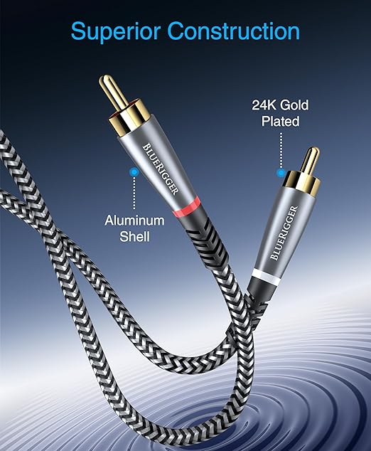 BlueRigger RCA Cable, 10FT (2RCA Male to 2RCA Stereo Audio Cable, Braided, Gold Plated, Subwoofer)- Compatible with Home Theater, Amplifier, Hi-Fi System, HDTV, Car Audio, Turntable, Receiver, Speaker