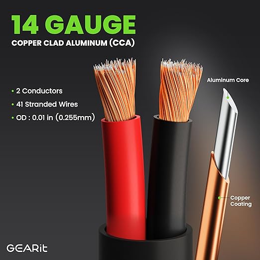 GEARit Outdoor Speaker Wire CL3 Rated, 14 Gauge Speaker Wire, Speaker Cable 100 ft for Outdoor Speakers, Patio, Garden, Backyard Audio, Direct Burial in Ground/in Wall, CCA (Black, 2-Conductors)