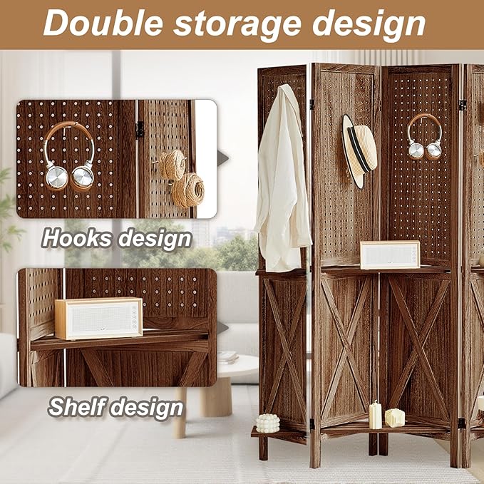 Aleesing 6 Panel Pegboard Display with Shelf, Wooden Pegboard Room Divider Wall with 24 Hooks, Partition Room Dividers and Folding Privacy Screens, Bedroom, Jewelry Store, Brown