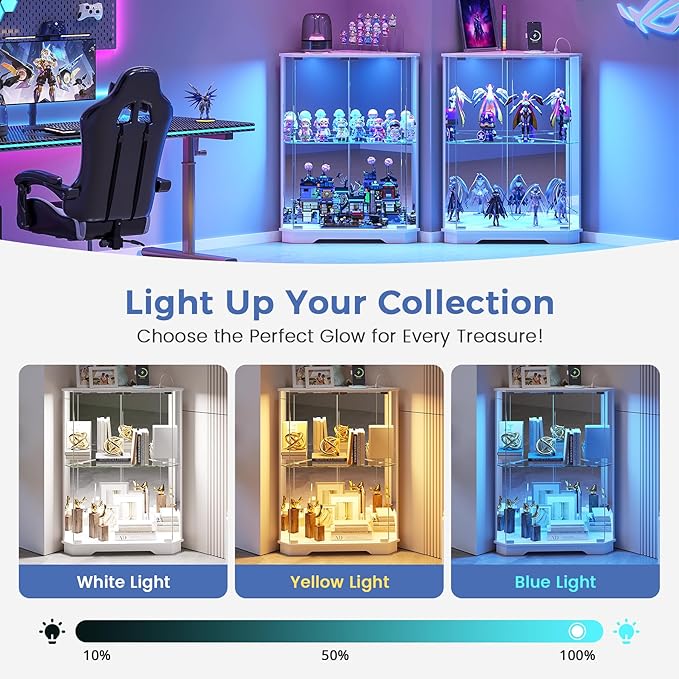 Dystler Corner Display Cabinet with Glass Doors, Small Display Case with 3-Color LED Lights and Charging Station, 2-Tier Curio Cabinet with Storage and Shelf, White