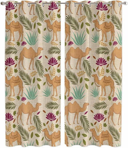 2 Panel Kitchen Cafe Curtains, Desert Camels Sunlight Filtering Nature Air by Hokiten