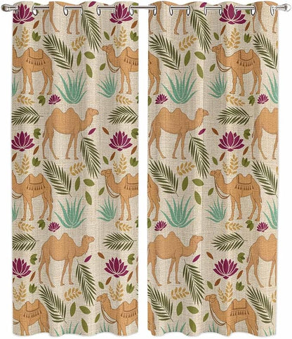 2 Panel Kitchen Cafe Curtains, Desert Camels Sunlight Filtering Nature Air by Hokiten