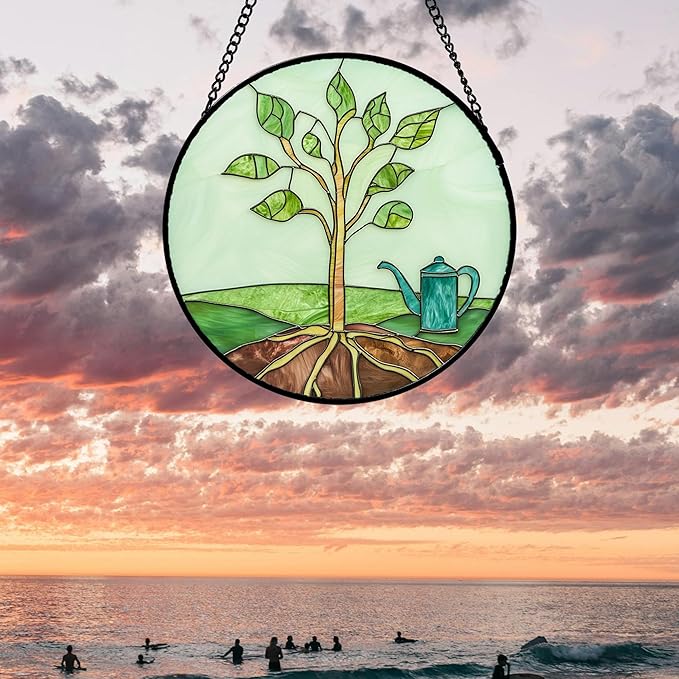 AMDERVEN Stained Glass Window Hanging 4 Pcs Set Pink Green Spring Saplings Flowers Large 15" - Suncatcher Door Garden Sun Catcher Home Decor Mother's Day for Woman Nana Mom Men