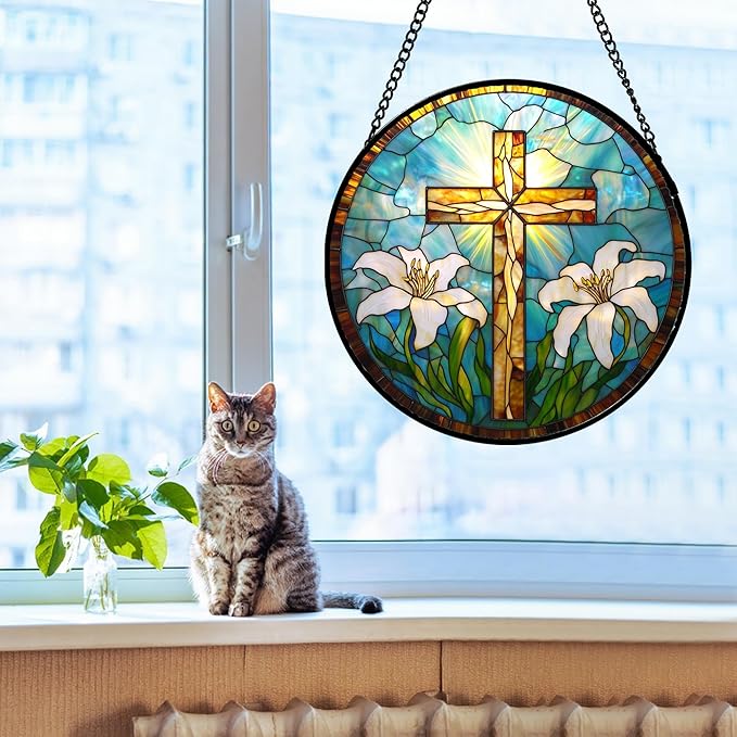 DASTOLL Christian Gifts for Women - Cross Stained Glass Window Hanging Jesus Easter White Lily Flower Sun Catcher Garden Religion Decor Mother's Day Catholic Gift for Men Grandma Mom Her Nana 15"