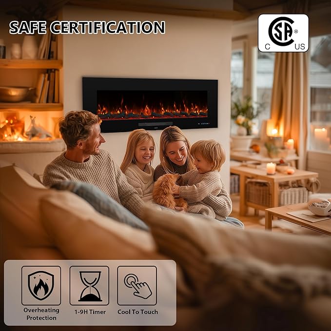 50" Electric Fireplace, Recessed & Wall Mounted Fireplace Heater 13 * 13 Colors Flame &Fuel Bed w/5 Dimmer, Touchscreen &Remote Control Temp, Overheating Protect, Hardwired, 1500W, Black