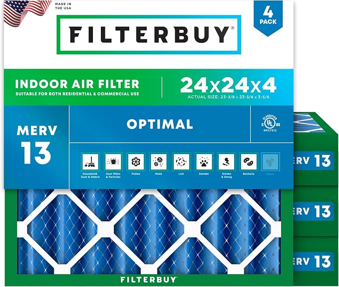 Filterbuy 24x24x4 Air Filter MERV 13 Optimal Smoke & Allergy Defense, by Filterbuy