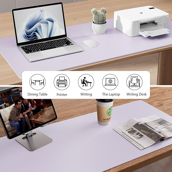 Aothia Large PU Leather Desk Pad Protector – Non-Slip Mouse Pad & Writing Mat for Office/Home, Waterproof, Easy to Clean (36" x 17", Soft Lavender)