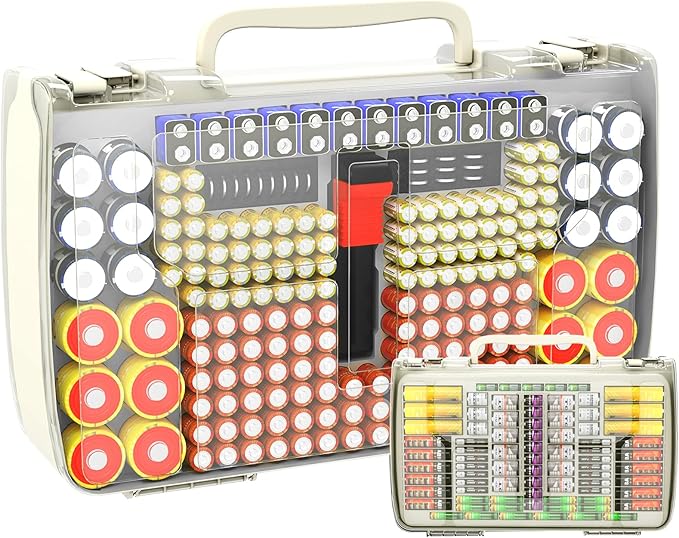 Aptbyte Battery Organizer Storage Holder Box Case with Tester- 269 Batteries Double-Sided Variety Pack, Holds AA AAA 4A C D Cell 9V 3V Lithium LR44 CR2 CR123 CR1632 18650 Button- White(Box Only)