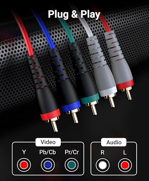 BlueRigger Component Video Cable with Audio (12FT, RCA- 5 Cable, Supports 1080i) - Compatible with DVD Players, VCR, Camcorder, Projector