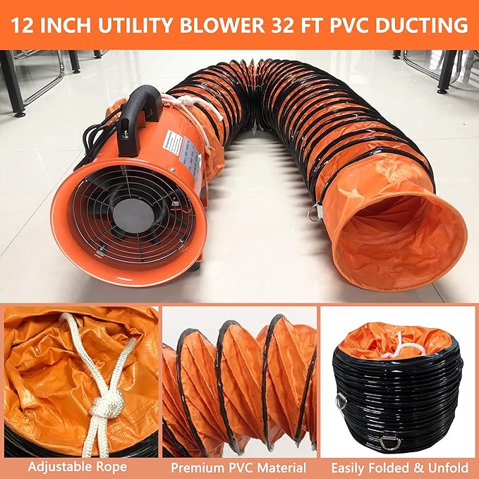 FICBXRA Utility Blower Fan 12 Inch Portable Axial Exhaust Fan 790W/7A 2300CFM High Velocity Ventilator with 32FT Duct Hose for Exhausting & Ventilating at Home and Job Site