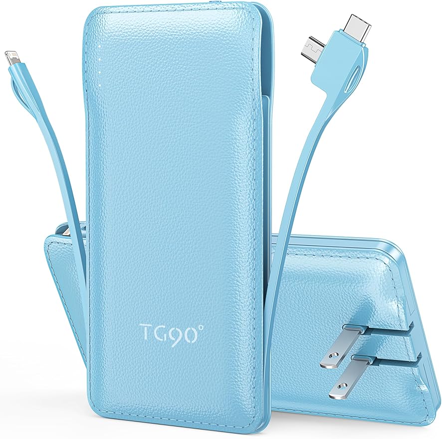 TG90° 10000mAh Power Bank with Built-in AC Wall Plug and Cables, Ultra Slim Phone External Battery Pack Portable Charger Compatible with iPhone and Android Devices