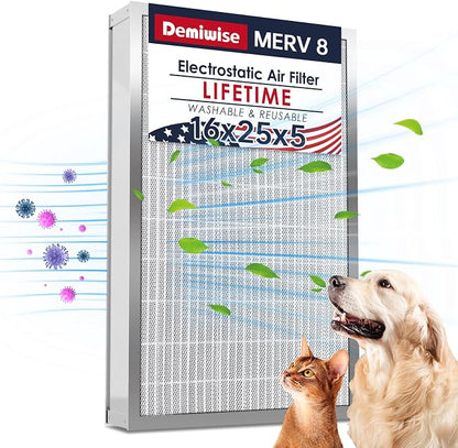 16x25x5 Reusable Electrostatic Air Filter, MERV 8 Lifetime Aluminum AC/HVAC by Demiwise
