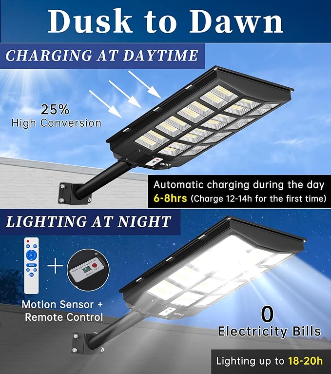 JAYNLT Y-6800W Solar Street Lights Outdoor, 600000LM 6500K Powerful Parking Lot Lights Commercial, Duks to Dawn Solar Lamp Outdoor with Motion Sensor for Yards, Driveways