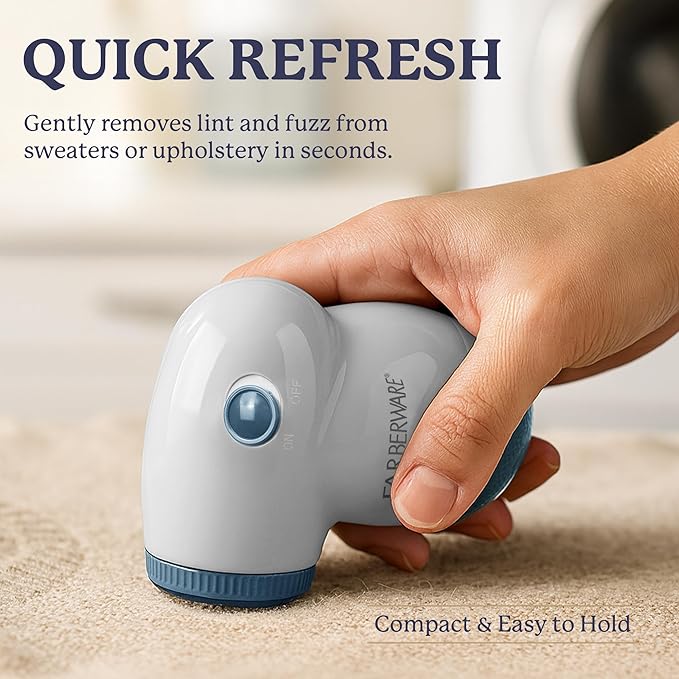 Farberware Fabric Shaver & Lint Remover Set – Battery Operated Sweater Shaver with Triple Blades and Extra Sticky Roller for Pet Hair, Fuzz & Pilling on Clothes, Upholstery & Bedding