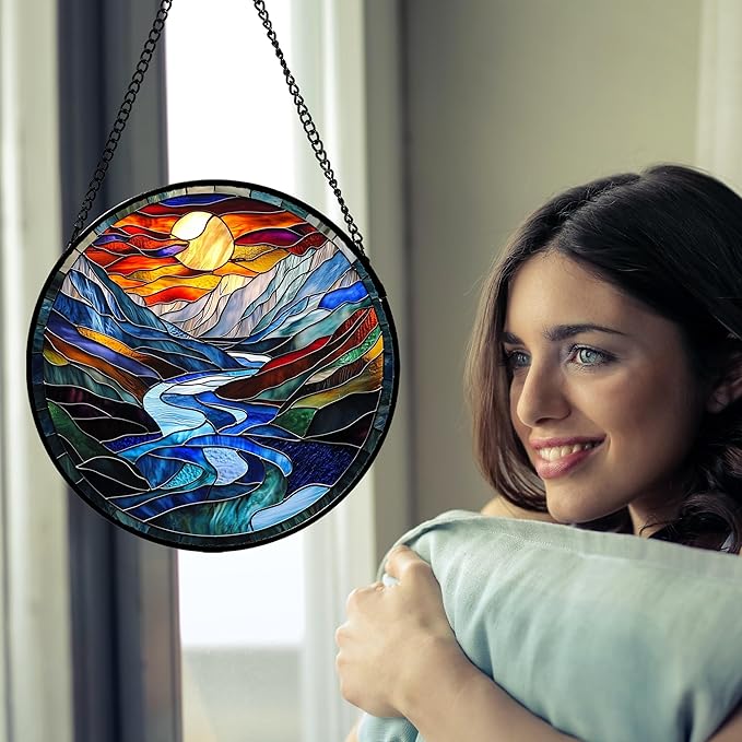 AMDERVEN Stained Glass Window Hanging, Canyon Mountains Sunset View Sun Catcher for Window Home Decor Landscape Suncatcher Mother's Day Birthday Gifts for Women Men Mom and Nana 7.8 in