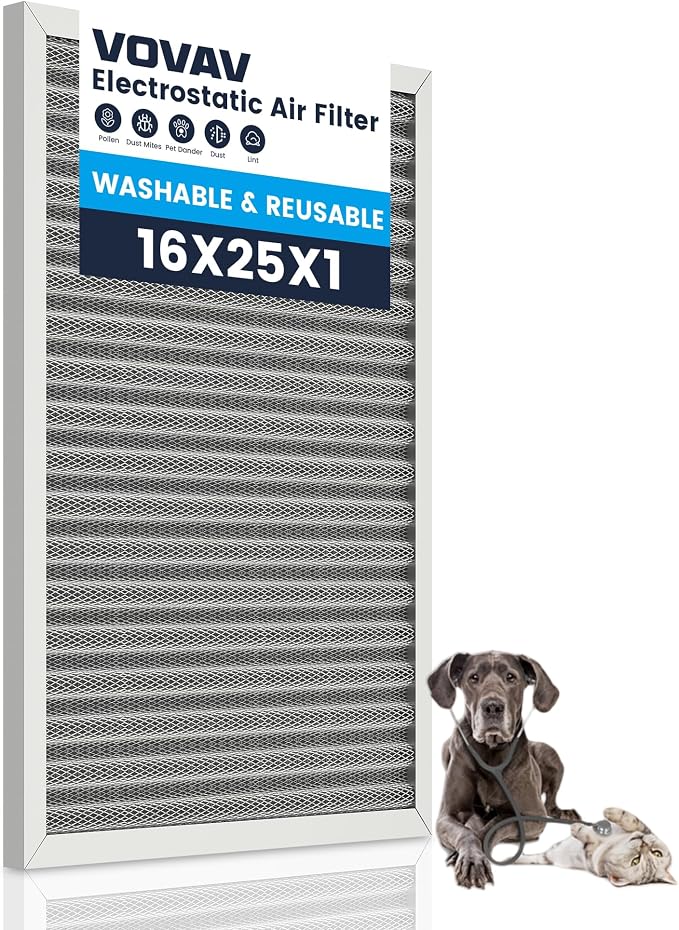 16x25x1 Air Filter-MERV 8, Washable & Reusable Electrostatic Filter, AC/HVAC by VOVAV