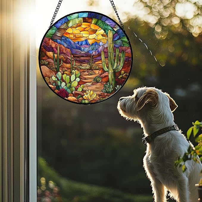 CRISGIF Stained Glass Window Hanging Cactus Mountains Landscape Large 15" - Suncatcher Door Garden Sunroom Sun Catcher Home Decor Birthday Christmas for Mom Men Woman Nana