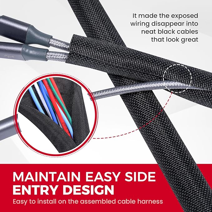 Sonoreboom Black-Braided-Wire-Loom, Mesh Woven Self Wrap Split Sleeving for Automotive Wires/Audio Video Cable/Multi-Cable Strings (1" - 16 Feet)