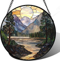 AMDERVEN Stained Glass Window Hanging, Sunset Mountains Lake Tree Sun Catcher for Window Home Decor Landscape Suncatcher Mother's Day Birthday Gifts for Women Men Mom and Nana 9.8 in