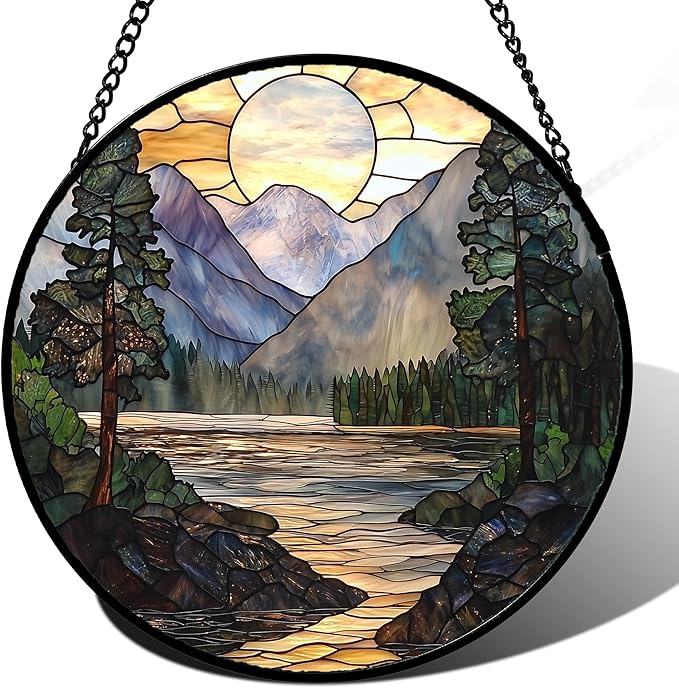 AMDERVEN Stained Glass Window Hanging, Sunset Mountains Lake Tree Sun Catcher for Window Home Decor Landscape Suncatcher Mother's Day Birthday Gifts for Women Men Mom and Nana 11.8 in