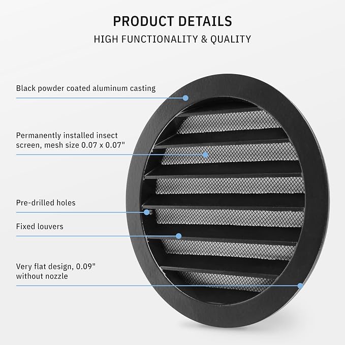 calimaero® WSGB 6" Inch Black Round Metal Air Vent Grill Cover Flat Louver - Image 4