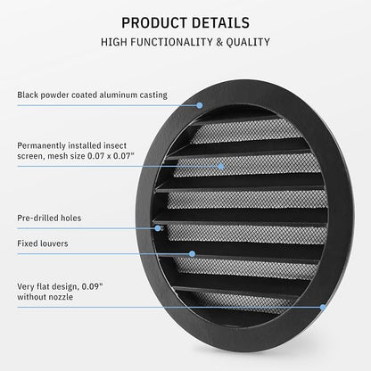 calimaero® WSGB 6" Inch Black Round Metal Air Vent Grill Cover Flat Louver - Image 4
