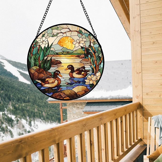 AMDERVEN Stained Glass Window Hanging, Ducks in The Pond Sun Catcher for Door Home Decor Landscape Plant Suncatcher Christmas Mother's Day Birthday Gifts for Women Men Mom Nana 15 in
