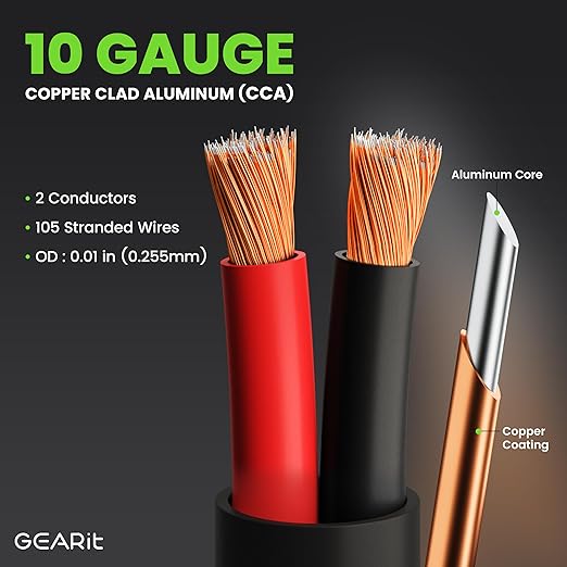 GEARit Outdoor Speaker Wire CL3 Rated, 10 Gauge Speaker Wire, Speaker Cable 100 ft for Outdoor Speakers, Patio, Garden, Backyard Audio, Direct Burial in Ground/in Wall, CCA (Black, 2-Conductors)