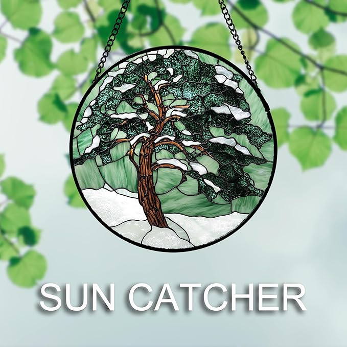 AMDERVEN Stained Glass Window Hanging 4 Pcs Set Forest Green Trees Winter Snow Large 15" - Suncatcher Door Garden Sun Catcher Home Decor Birthday Mother's Day for Woman Nana Mom Men