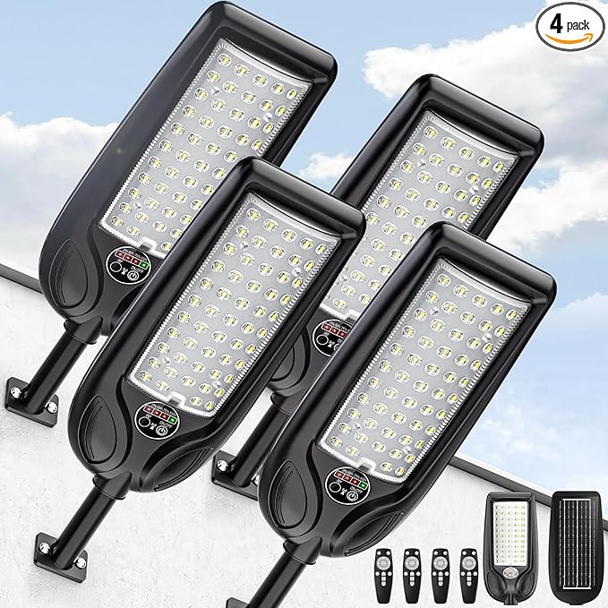 Solar Street Lights Outdoor Waterproof ,30000LM Dusk to Dawn Solar Lights with Motion Sensor and Remote Control Solar Powered LED Flood Light Outside for Parking Lot, Security, Garden, Garages 4 Pack