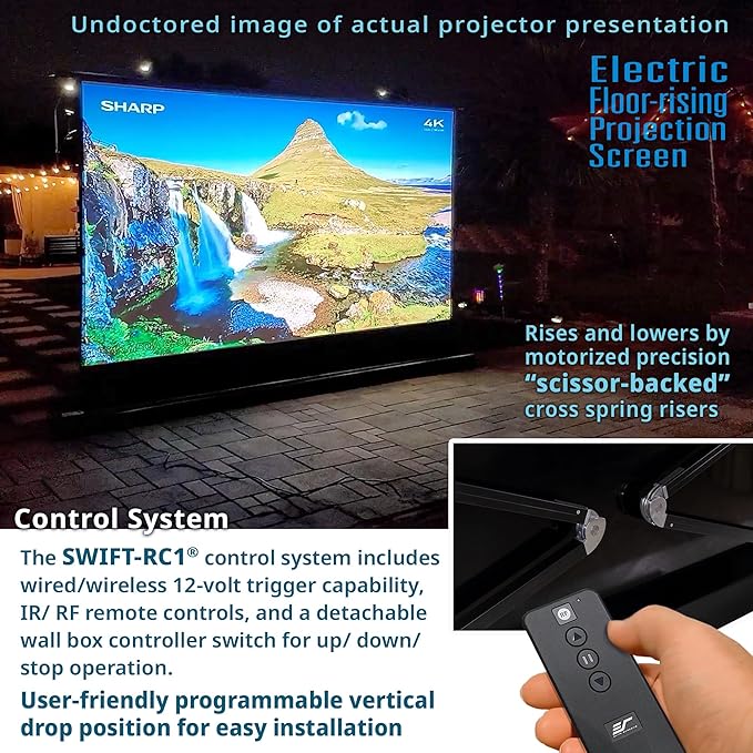 Elite Screens Kestrel Tab-Tension 3 CineWhite, 122 inch 16:9 Aspect Ratio, ISF Certified, Electric Floor-Rising Motorized Tab-Tensioned Front Projector Screen, Programmed Remote Kit, FTE122H3