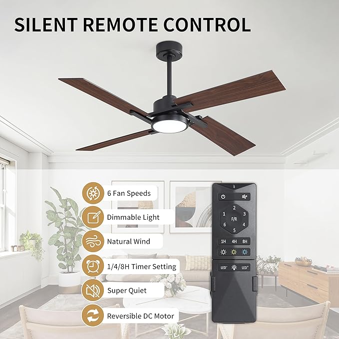 WINGBO 54 Inch Ceiling Fan with Light and Remote, 4 Plywood Blades, 6-Speed Reversible DC Motor, Dimmable, 3CCT, Farmhouse Ceiling Fan for Bedroom Living Room Kitchen, Black and Walnut/Shadowed Walnut