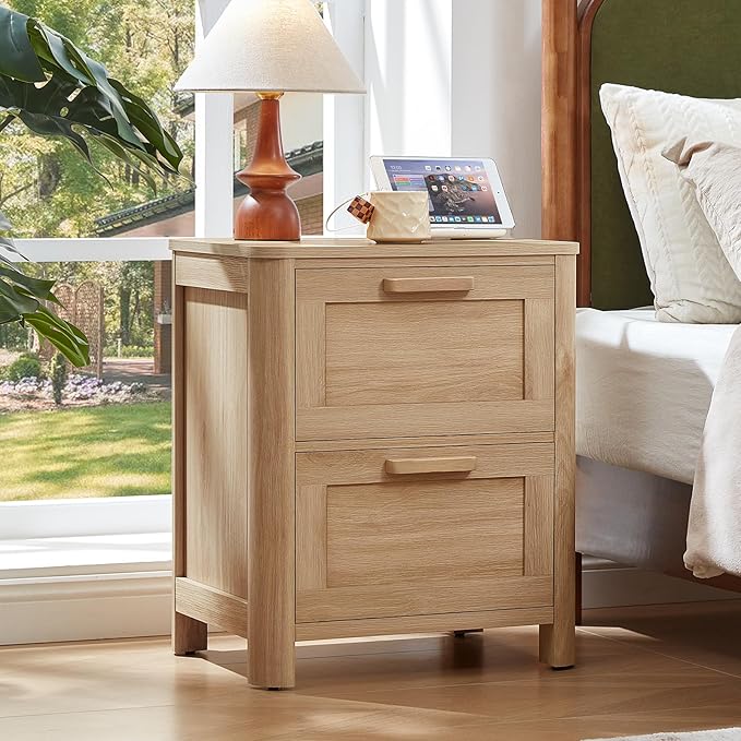 Joaxswe Farmhouse Nightstand with Charging Station, End Tables Bedroom with 2 Large Drawers & 4 Thickened Table Legs, Natural Wood