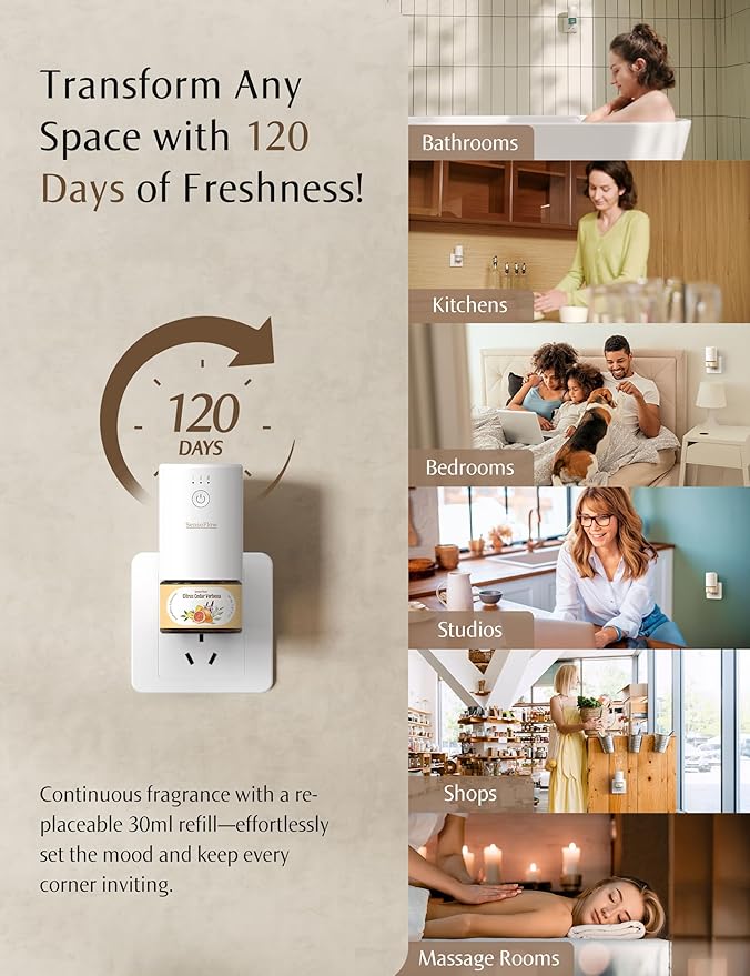 SF101 Pro Waterless Essential Oil Diffuser, Plug in Aromatherapy Diffuser & Non-Toxic air Freshener, 120-Day Natural Aroma Mist, Covers 1000 Sq Ft- Free 30ml Bergamot