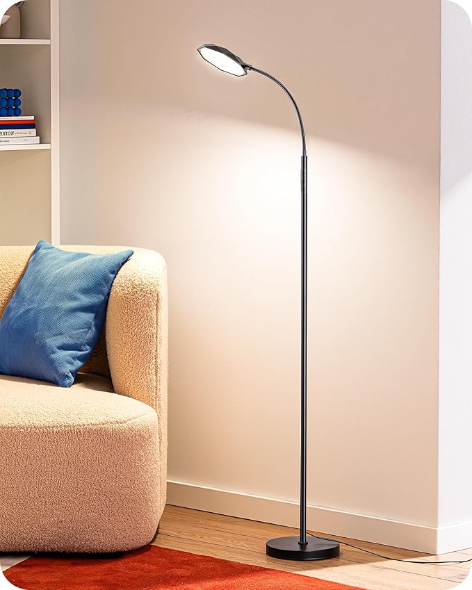 EDISHINE LED Floor Lamp, 1300LM Super Bright Reading Floor Lamps for Living Room, Dimmable 4 Color Temperature Standing Lamp, Remote & Touch Control, Adjustable Gooseneck Lamp for Bedroom Office Black