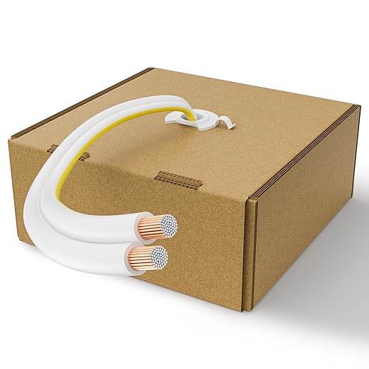 18AWG Speaker Wire 150 FT, 18 Gauge Audio Security Alarm Hookup Control Low Voltage Cable, Home Theater Wire, Automotive Wire, White Cord with Yellow Polarity Marker, CCA, 2 Conductors Electrical Wire