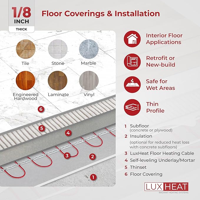 LuxHeat 180sqft Floor Heating Cable Kit - 240v Heated Bathroom Floor Kit - Heated Flooring System Includes UDG4 Programmable Thermostat w/GFCI, Heating Cable, Strapping, Flooring Sensor & Alarm