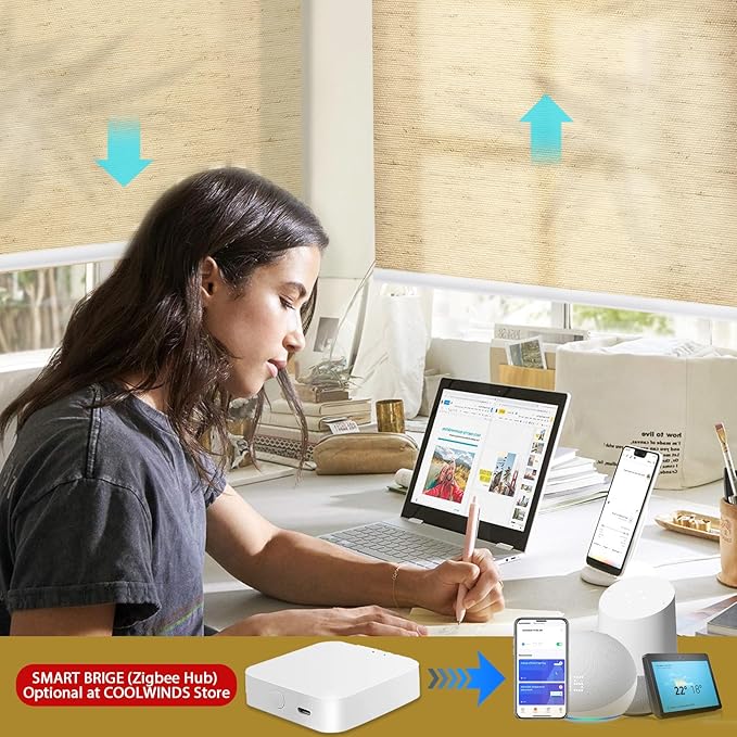 COOLWINDS Motorized Blinds with Remote Cordless Automatic Motorized Shades Custom Blinds for Windows Smart Curtains Compatible with Alexa Google Home(Light Filtering Linen Soft Dunes,W44 x H72in)