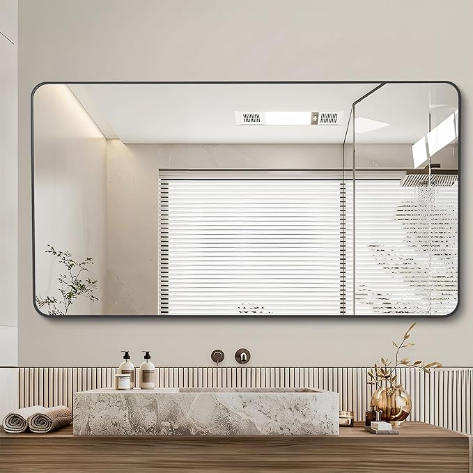 36" x 48"Bathroom Mirror, Matte Black Wall Mirror with Metal Frame, Decorative Rectangular Vanity Mirror for Bedroom Bathroom Living Room Entryway (Horizontal/Vertical)