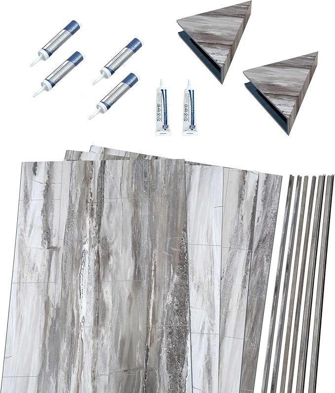 Palisade 78in x 60in x 30in Waterproof Vinyl Shower Surround Kit with Accessories in Louvre Granite