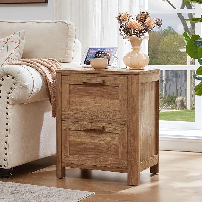Joaxswe Farmhouse Nightstand with Charging Station, End Tables Bedroom with 2 Large Drawers & 4 Thickened Table Legs, Dark Wood