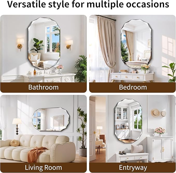 GLASHOM Beveled Edge Frameless Bathroom Mirror, Oval Wall Mirror for Over Sink, 28" x 48" Modern Decorative Vanity Mirror for Bedroom, Living Room, Entryway, Hanging Mirror Horizontal or Vertical