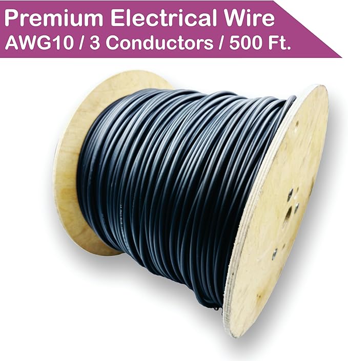 NATIONAL Wire & Cable – 10 AWG 3-Conductor Premium Copper Wire, 500 ft, Stranded | Made in USA, Heavy-Duty Flexible Jacket | Automotive, Solar, Battery, Indoor and Outdoor Use