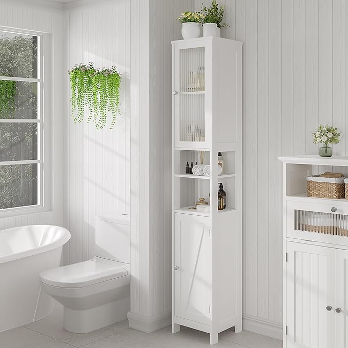 ChooChoo Tall Bathroom Storage Cabinet with Light, 5-Tier Narrow Bathroom Cabinet with 2 Doors, Slim Storage Linen Cabinet Freestanding with Adjustable Shelves for Space Saving, White