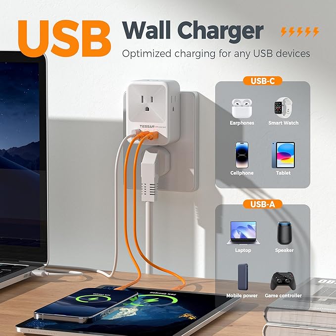 Multi Plug Wall Outlet Splitter, TESSAN Surge Protector 4 Outlet Extender with 3 USB Charger Blocks(2 USB C), 3-Sided Multiple Plug Expander for Home Office Dorm Room School Essentials