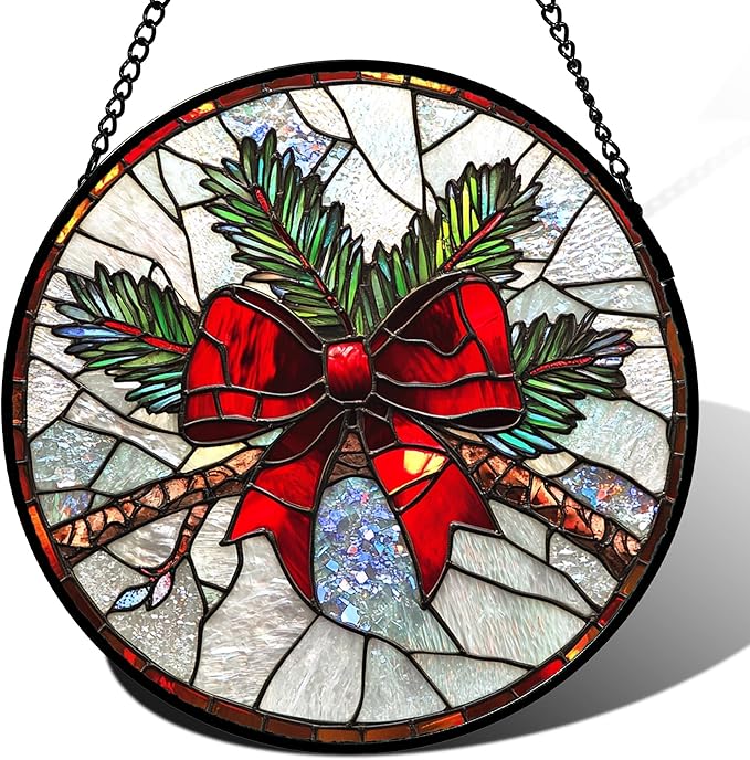 DASTOLL Stained Glass Window Hanging - Pine Branches Red Bow Suncatcher for Doors Home Christmas Decoration Silver Sun Catcher Thanksgiving New Year Birthday Gifts for Women Men Mom Nana 11.8 in