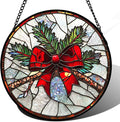 DASTOLL Stained Glass Window Hanging - Pine Branches Red Bow Suncatcher for Doors Home Christmas Decoration Silver Sun Catcher Thanksgiving New Year Birthday Gifts for Women Men Mom Nana 11.8 in