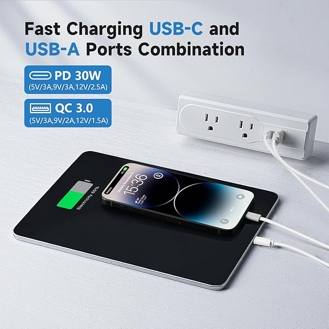 Desk Clamp Power Strip with 15Feet Extension Cord,45 Degree 3-Prong Thin Flat Plug, 2 Widely Spaced AC Outlets,2 USB Port (20W PD USB-C & 18W QC3.0 USB-A) Desk Edge Mount Power Strip,16AWG, ETL Listed