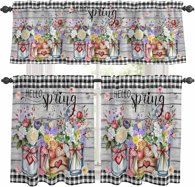 Kitchen Curtains Tiers and Valance Set of 3, Spring Flowers Light Filtering by Anzona