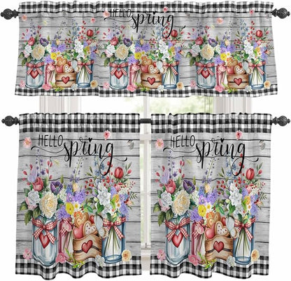 Kitchen Curtains Tiers and Valance Set of 3, Spring Flowers Light Filtering by Anzona